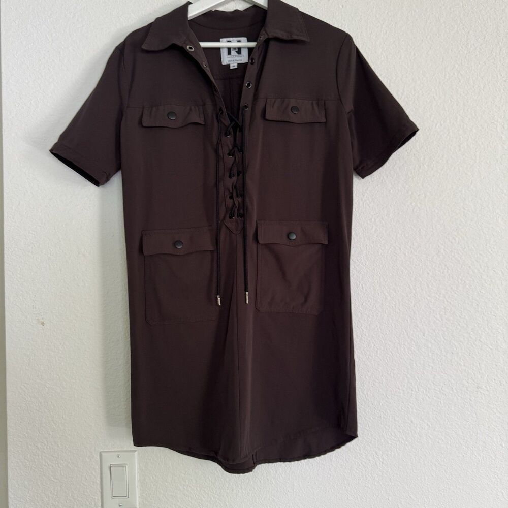 Nicole Frank $375 Brown Sandy Classic Safari Dress Mini Tie Front NWOT Size S - Picture 5 of 7